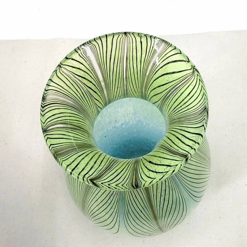 Boho Blue Green Pulled Feather Murano Style Art Glass Vase Hand Blown 12.75